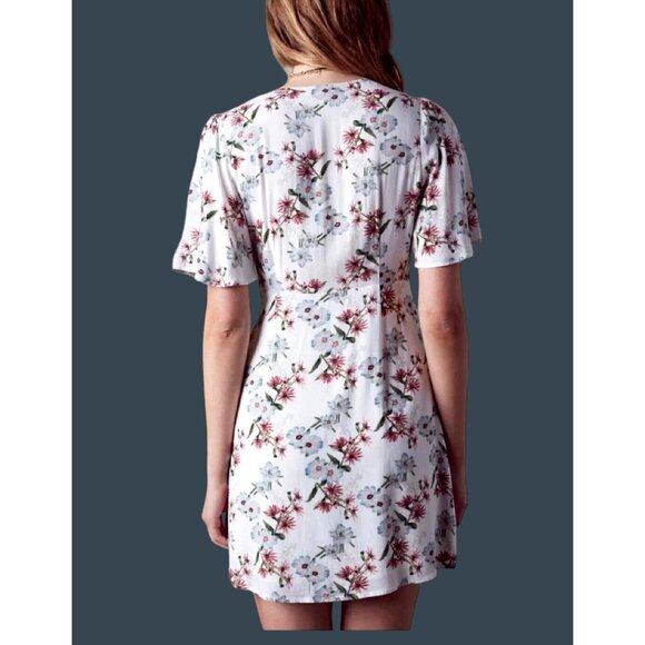 COTTON CANDY LA WOMENS WHITE FLORAL MINI DRESS SHORT SLEEVE TYE FRONT SIZE SMALL - Picture 2 of 9